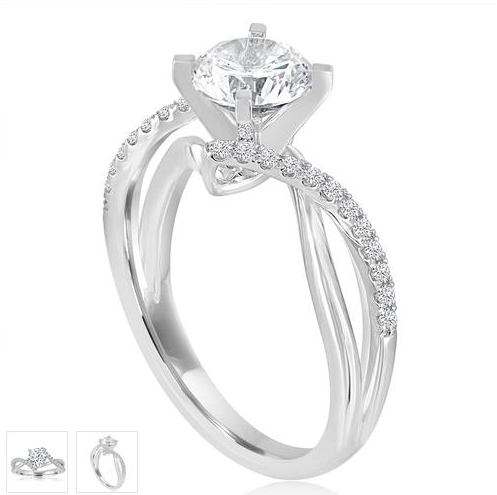 White gold round diamond engagement ring three-quarter render with split bypass pave shank and thumbnail previews