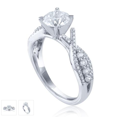 White gold round diamond engagement ring three-quarter render with diamond leaf-motif bypass shank
