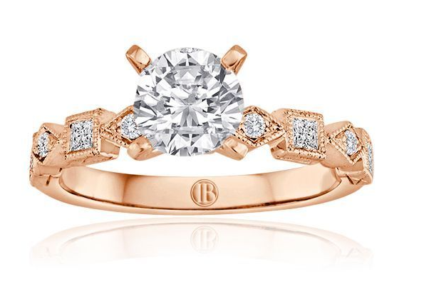 Rose gold round diamond engagement ring with vintage geometric milgrain diamond accents on the band