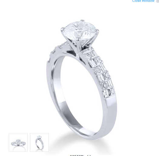 White gold round diamond engagement ring three-quarter render with round and baguette diamond band