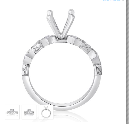 White gold vintage-style diamond engagement ring semi-mount, side profile render with empty prong head