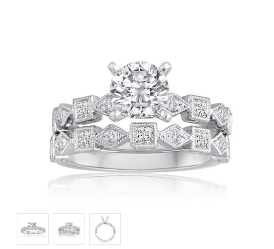 White gold vintage-style diamond wedding set render with engagement ring and matching geometric band