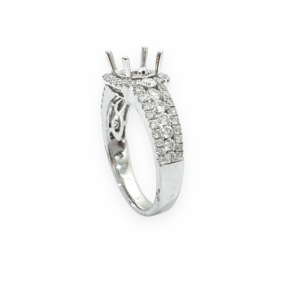 White gold cushion halo diamond engagement ring semi-mount with double-row pave shoulders, three-quarter view
