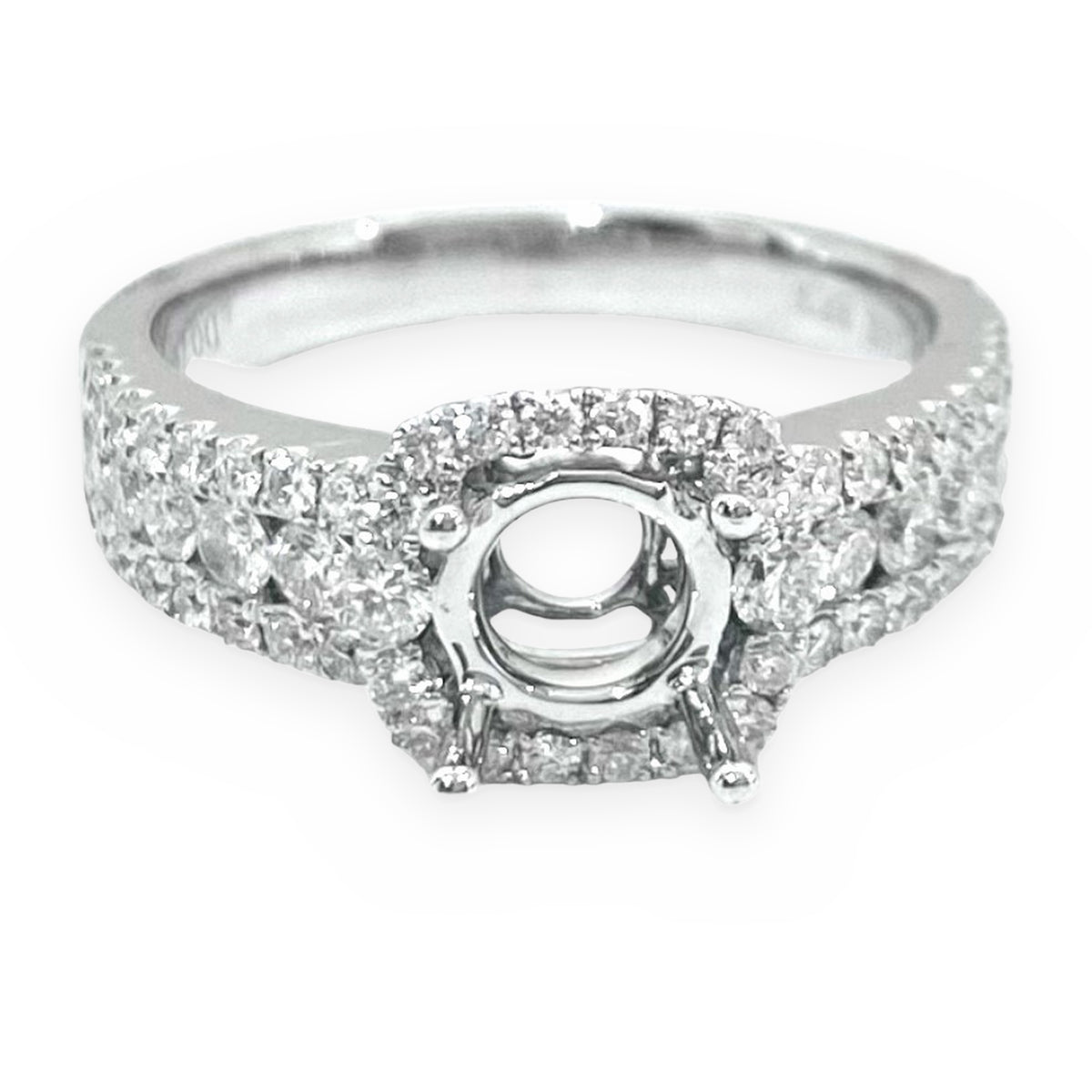 White gold round halo diamond engagement ring semi-mount with double-row pave band, front view