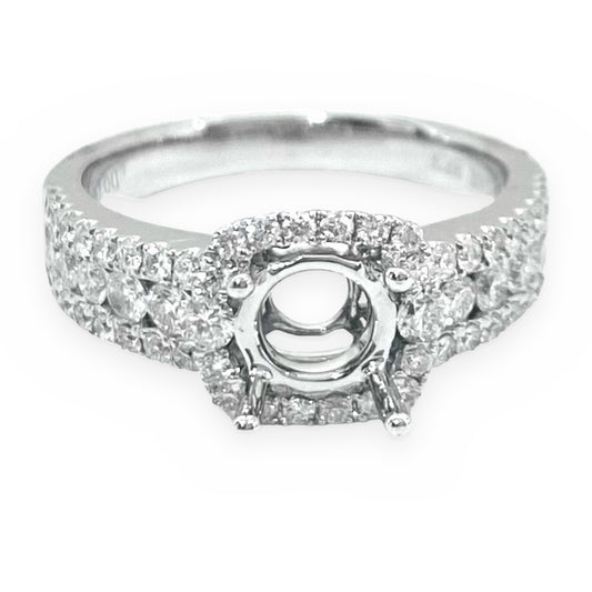 White gold round halo diamond engagement ring semi-mount with double-row pave band, front view