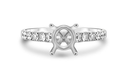 White gold round diamond engagement ring semi-mount with pave-set band, front view