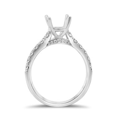 White gold diamond engagement ring semi-mount profile render with empty prong head and pave band