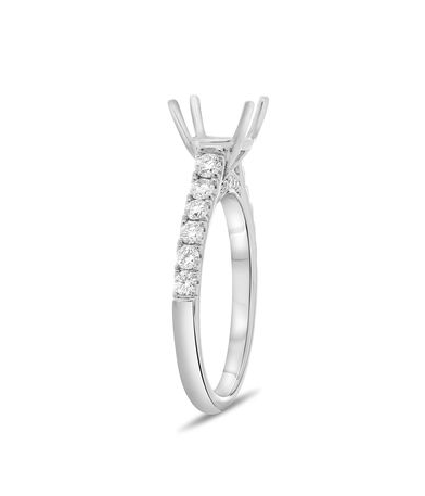 White gold diamond engagement ring semi-mount three-quarter render with empty four-prong head and pave shank