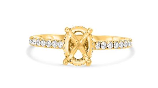 Yellow gold cushion diamond halo engagement ring semi-mount with pave band, front render
