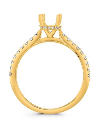 Yellow gold diamond engagement ring semi-mount profile render with empty prong head and pave band