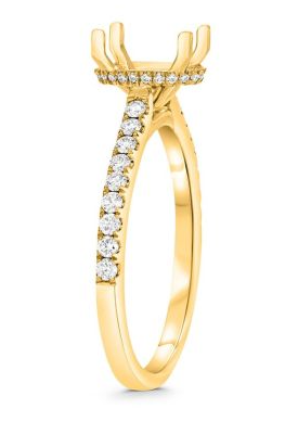 Yellow gold cushion halo diamond engagement ring semi-mount three-quarter render with pave shank
