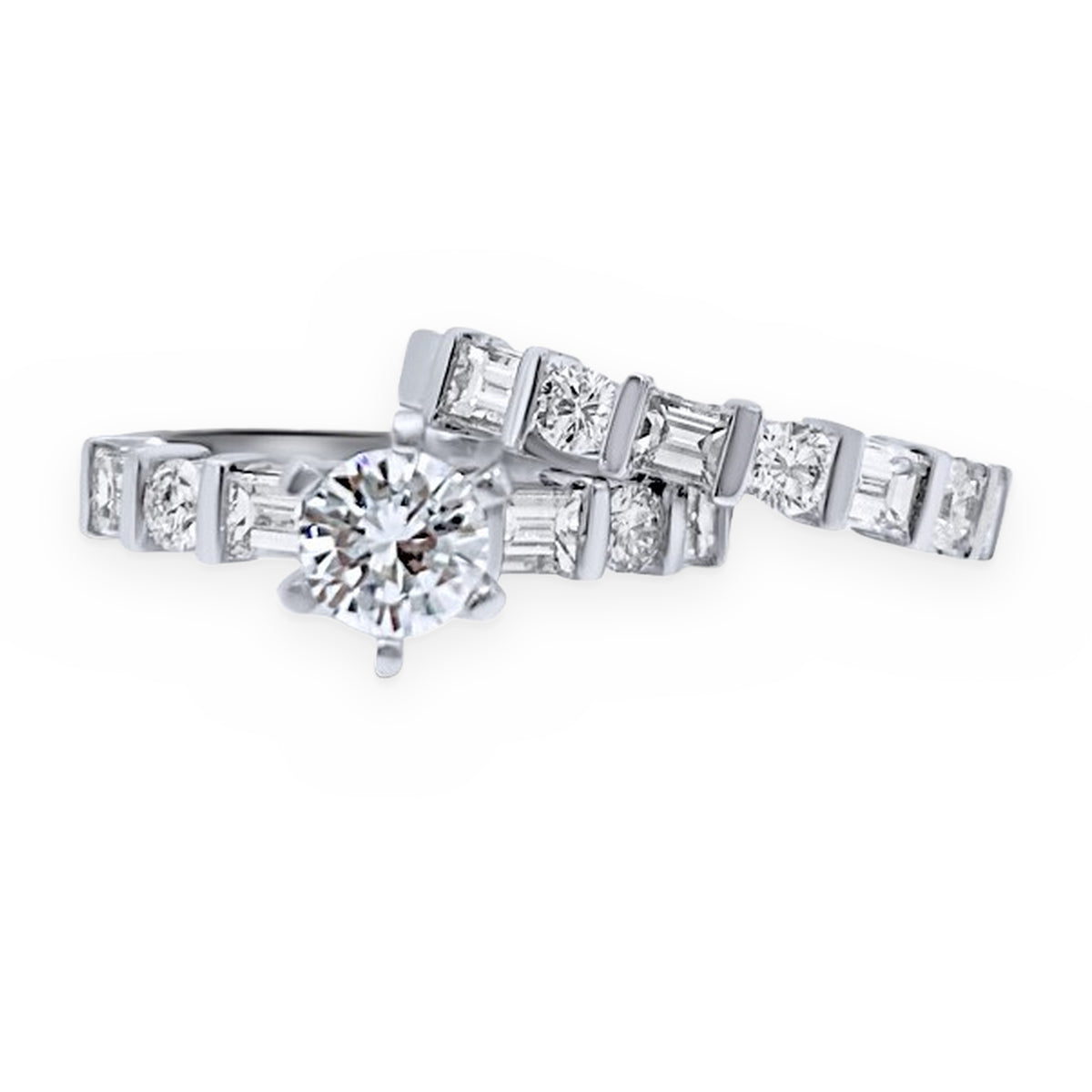 White gold diamond bridal set angled view with round solitaire and matching bar-set diamond band