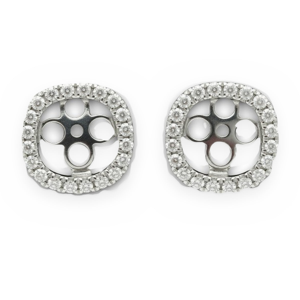 Pair of 14K white gold cushion-shaped diamond halo earring jackets