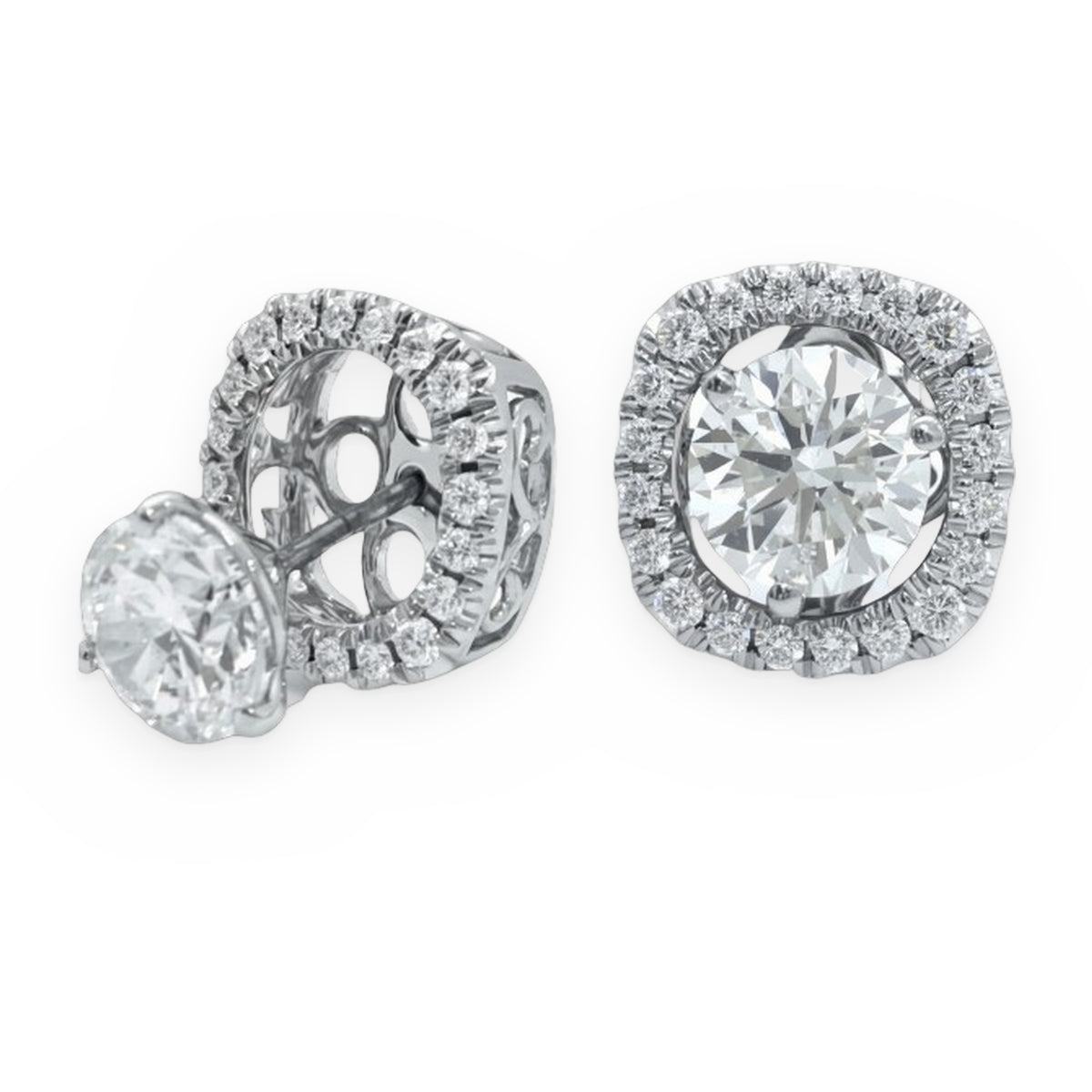 14K white gold round diamond stud earring with cushion-shaped diamond halo jacket