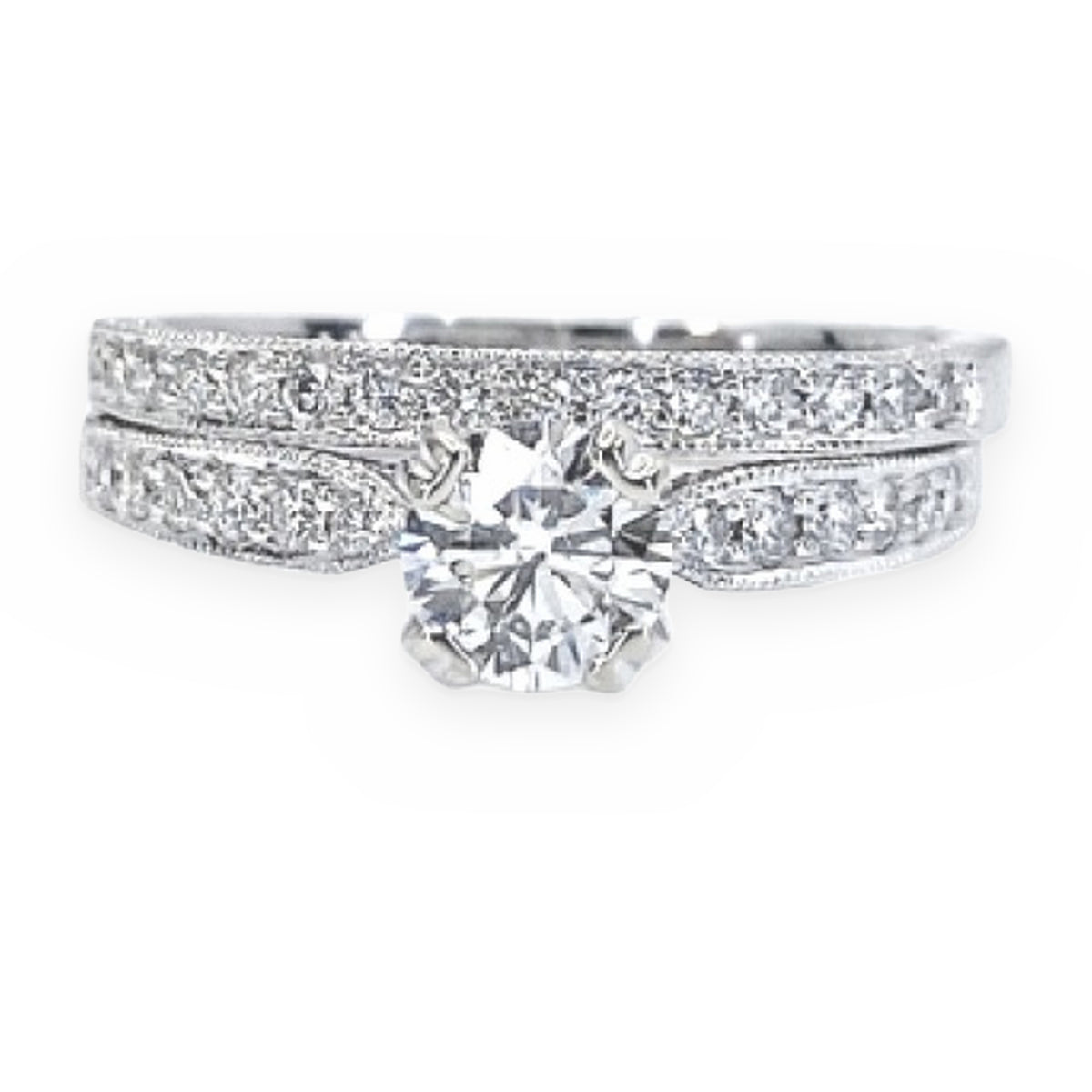 White gold round diamond engagement ring with milgrain diamond band