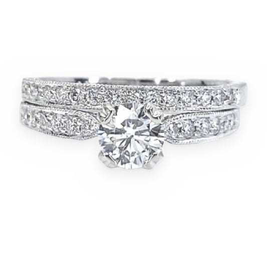 White gold round diamond engagement ring with milgrain diamond band