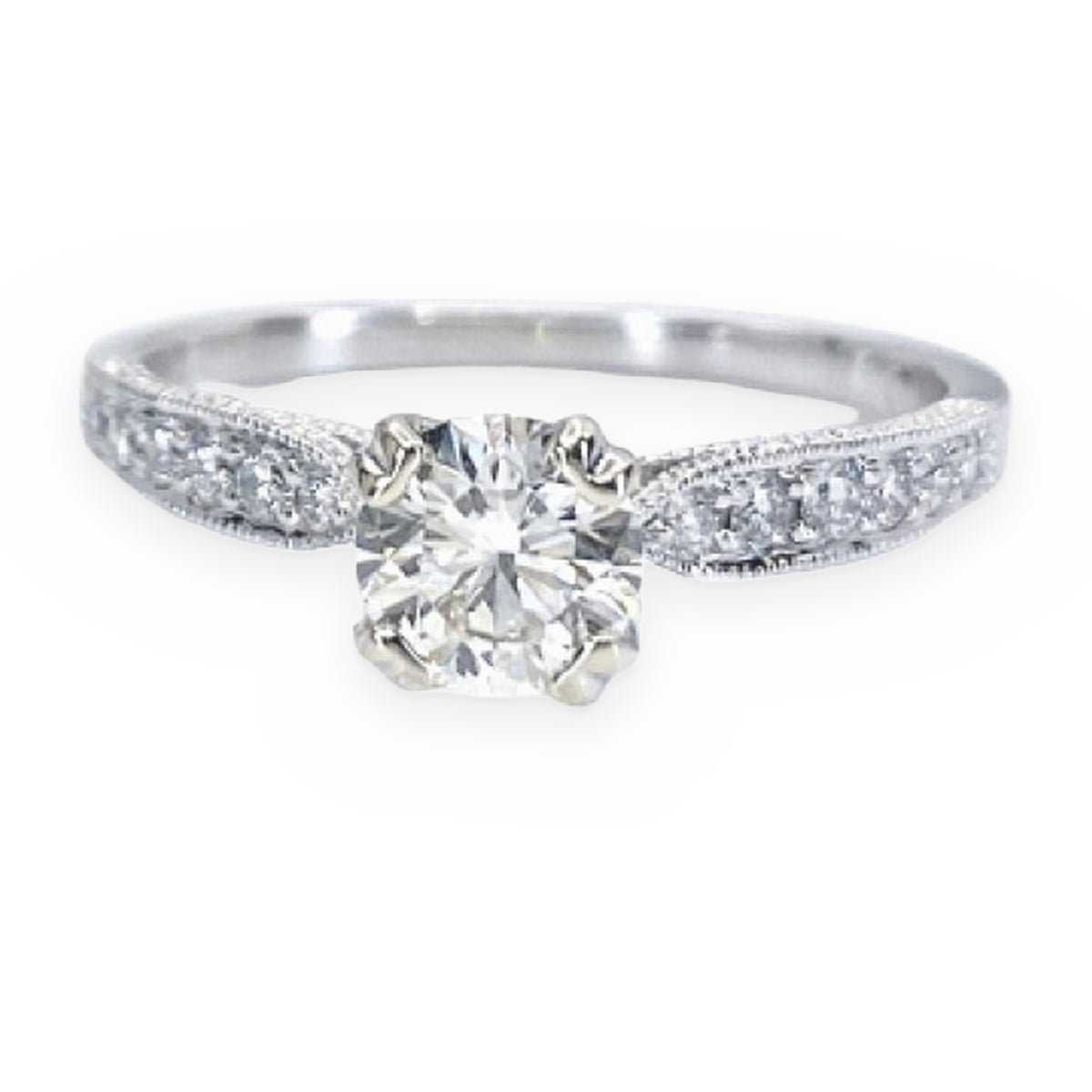 Vintage-style white gold round diamond solitaire engagement ring with pave shoulders