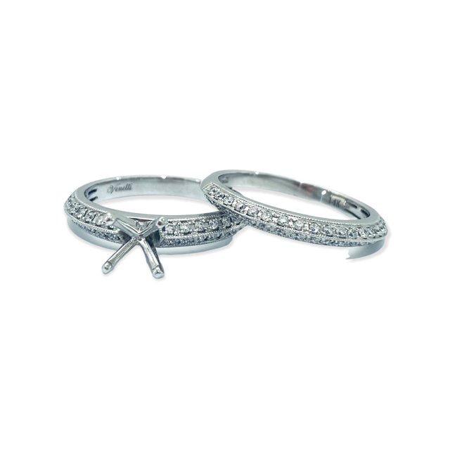 Venetti white gold four-prong diamond semi-mount ring with matching diamond band