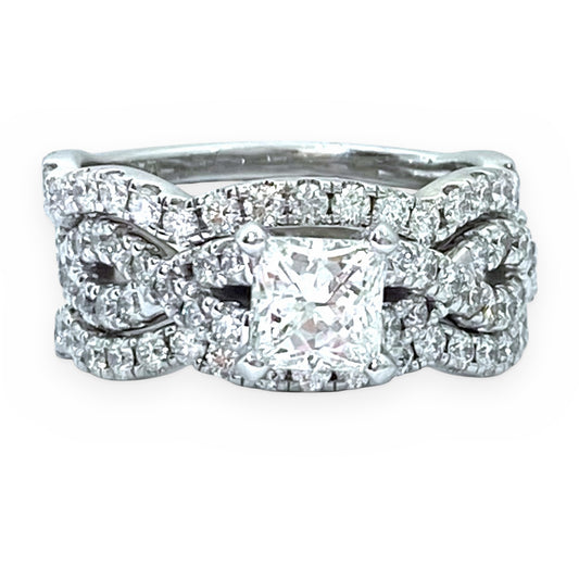 White gold princess-cut diamond halo engagement ring with twisted diamond bands