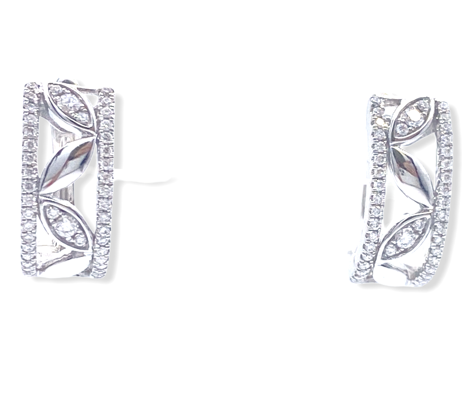 White gold diamond and leaf-motif huggie hoop earrings