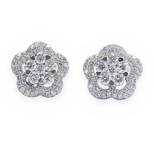 White gold diamond flower cluster stud earrings