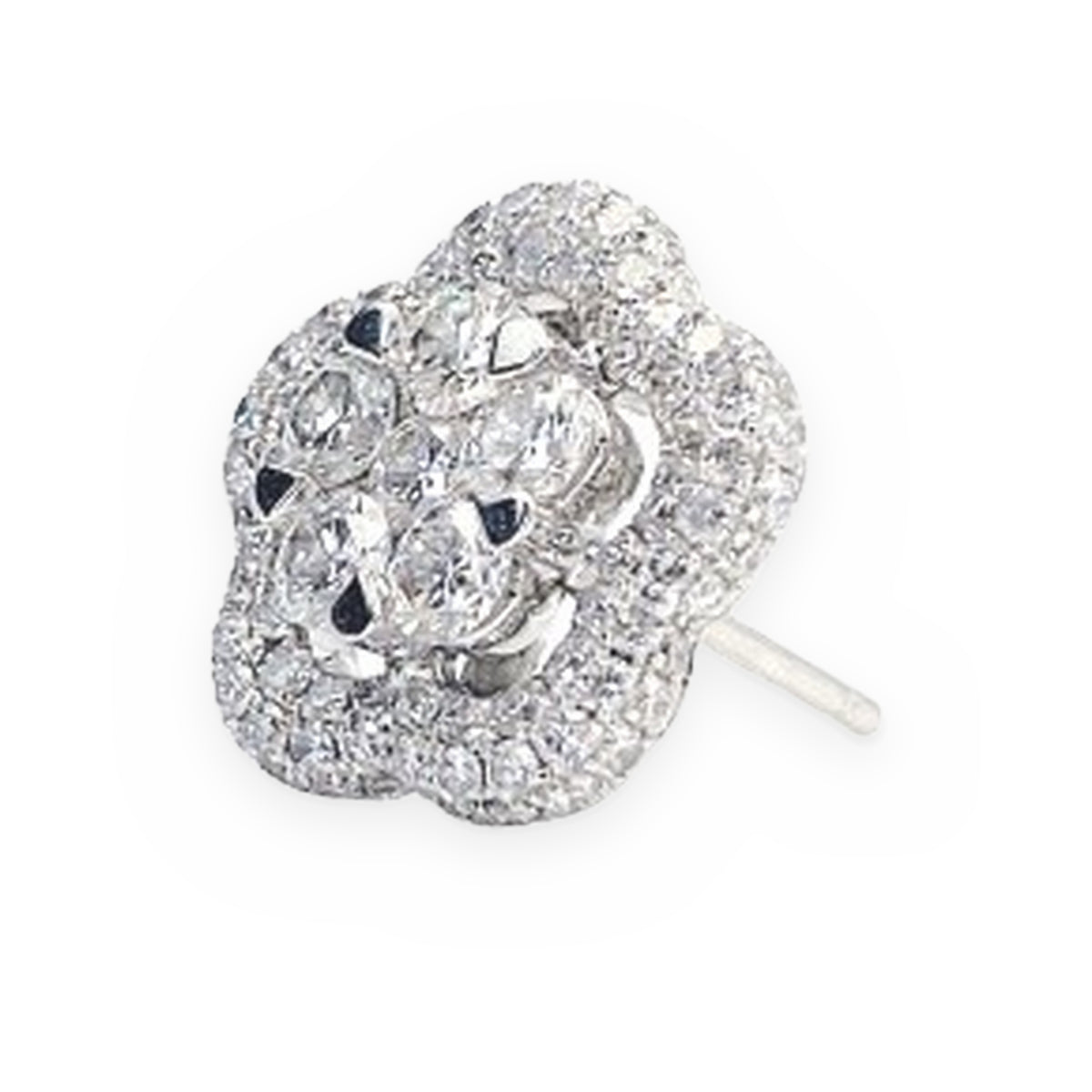 Single white gold diamond flower cluster stud earring at an angle