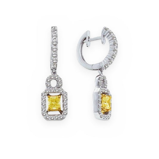 White gold fancy yellow diamond halo drop earrings on diamond huggies