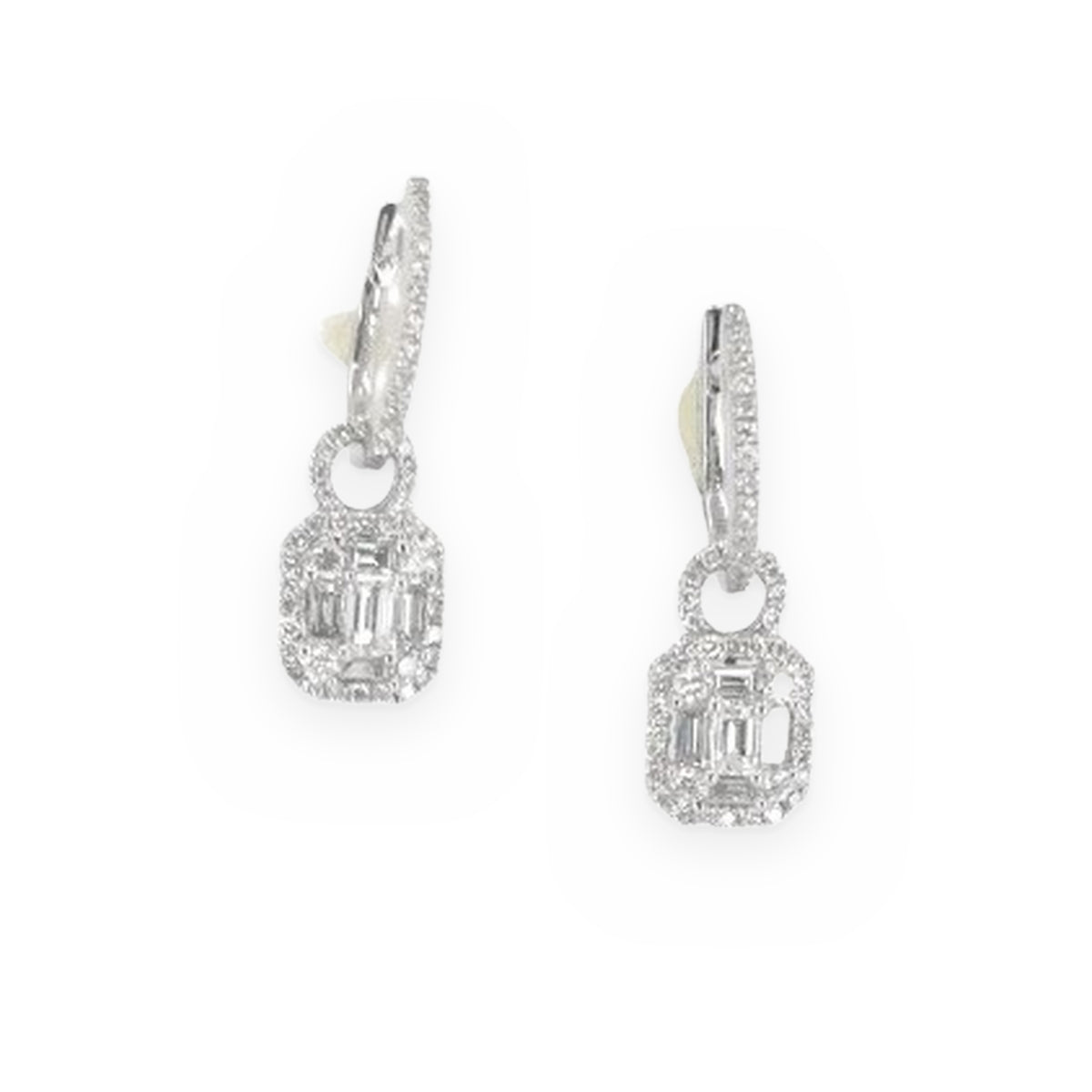 White gold emerald-cut diamond halo drop earrings on pave huggies