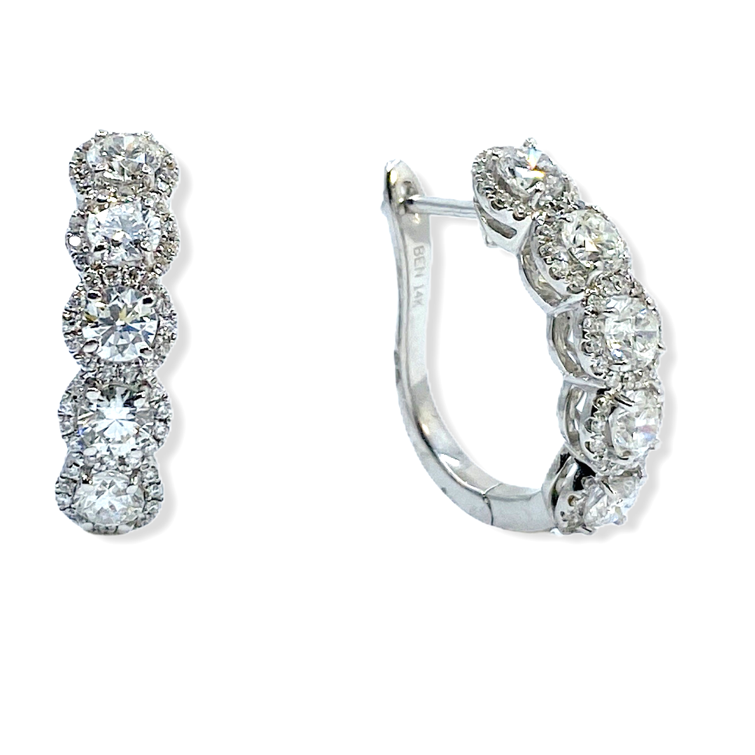 14K white gold five-diamond halo huggie hoop earrings