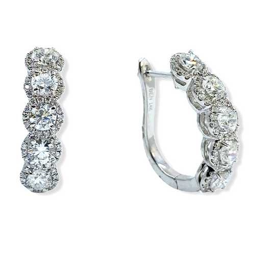 14K white gold five-diamond halo huggie hoop earrings