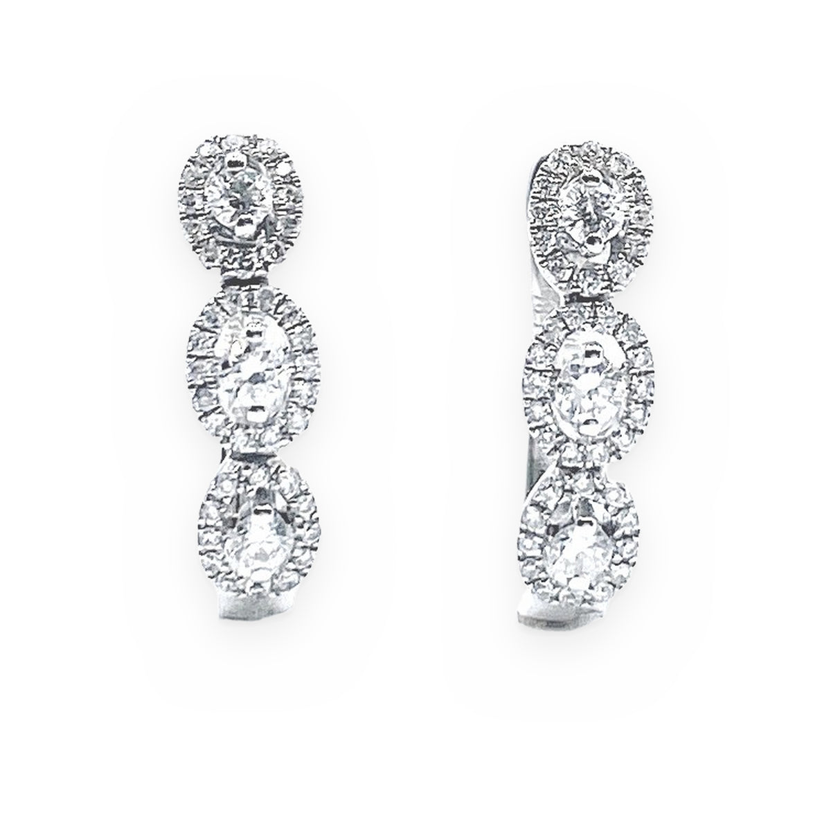 White gold three-stone oval diamond halo huggie earrings