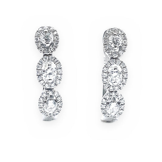 White gold three-stone oval diamond halo huggie earrings