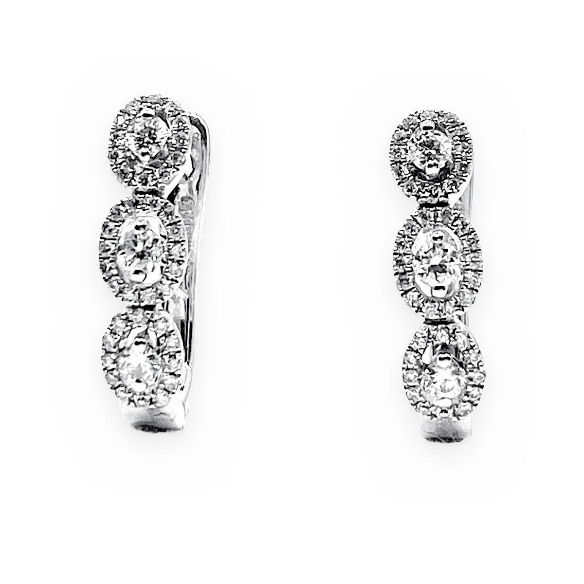 White gold graduated oval diamond halo hoop earrings