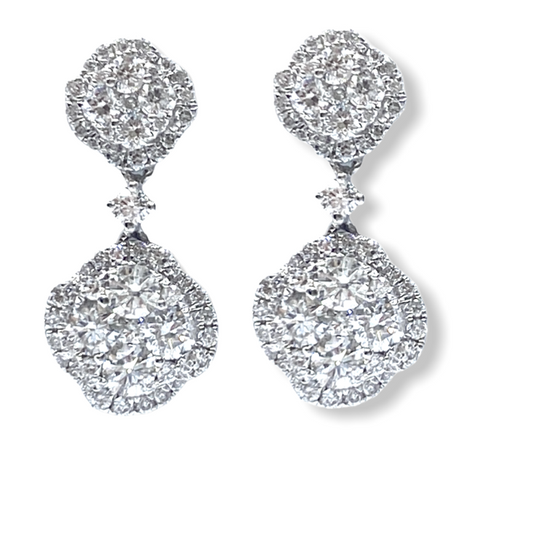White gold double diamond cluster drop earrings