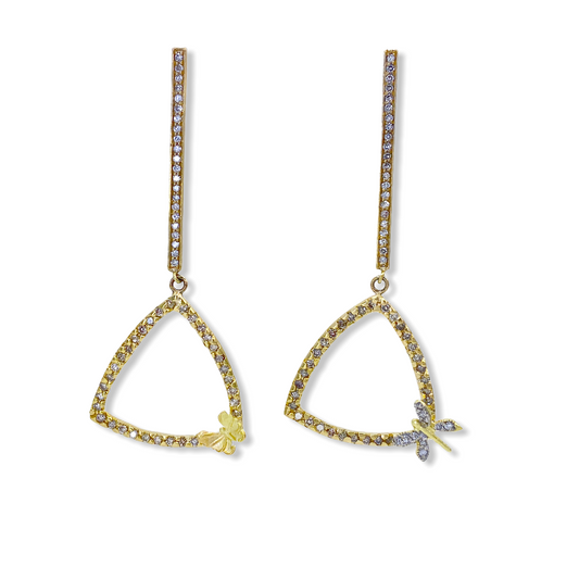 Yellow gold diamond triangle drop earrings with dragonfly and clover accents