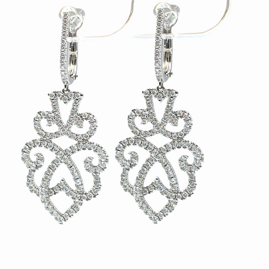 White gold pave diamond filigree scroll chandelier earrings