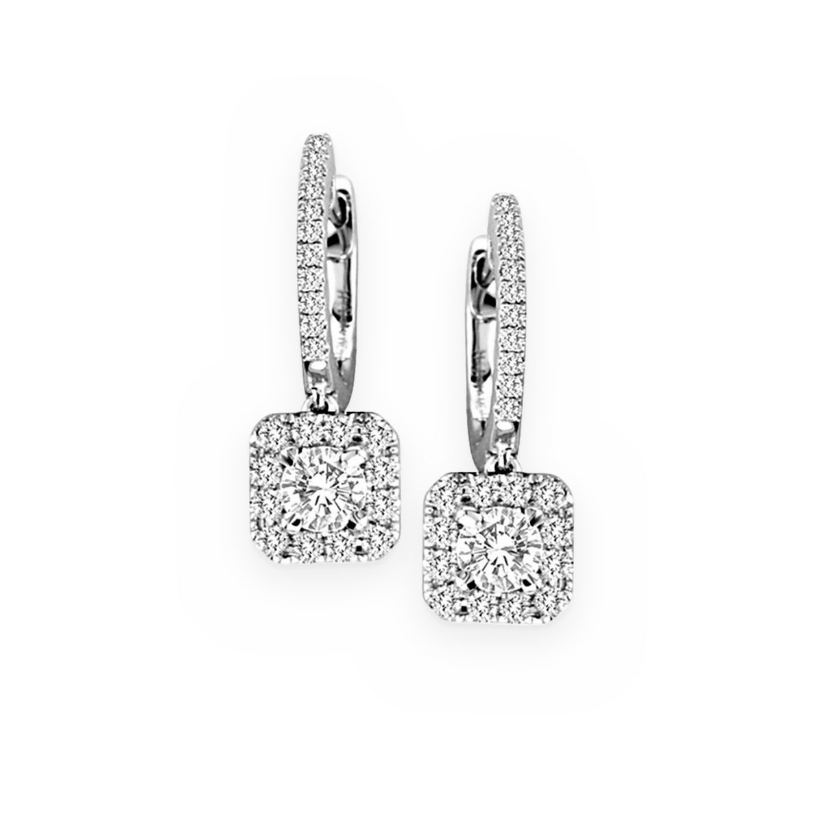 White gold cushion halo diamond drop earrings on pave leverbacks