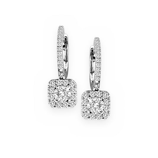 White gold cushion halo diamond drop earrings on pave leverbacks