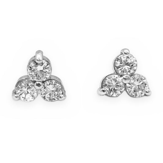 White gold three-stone diamond cluster stud earrings