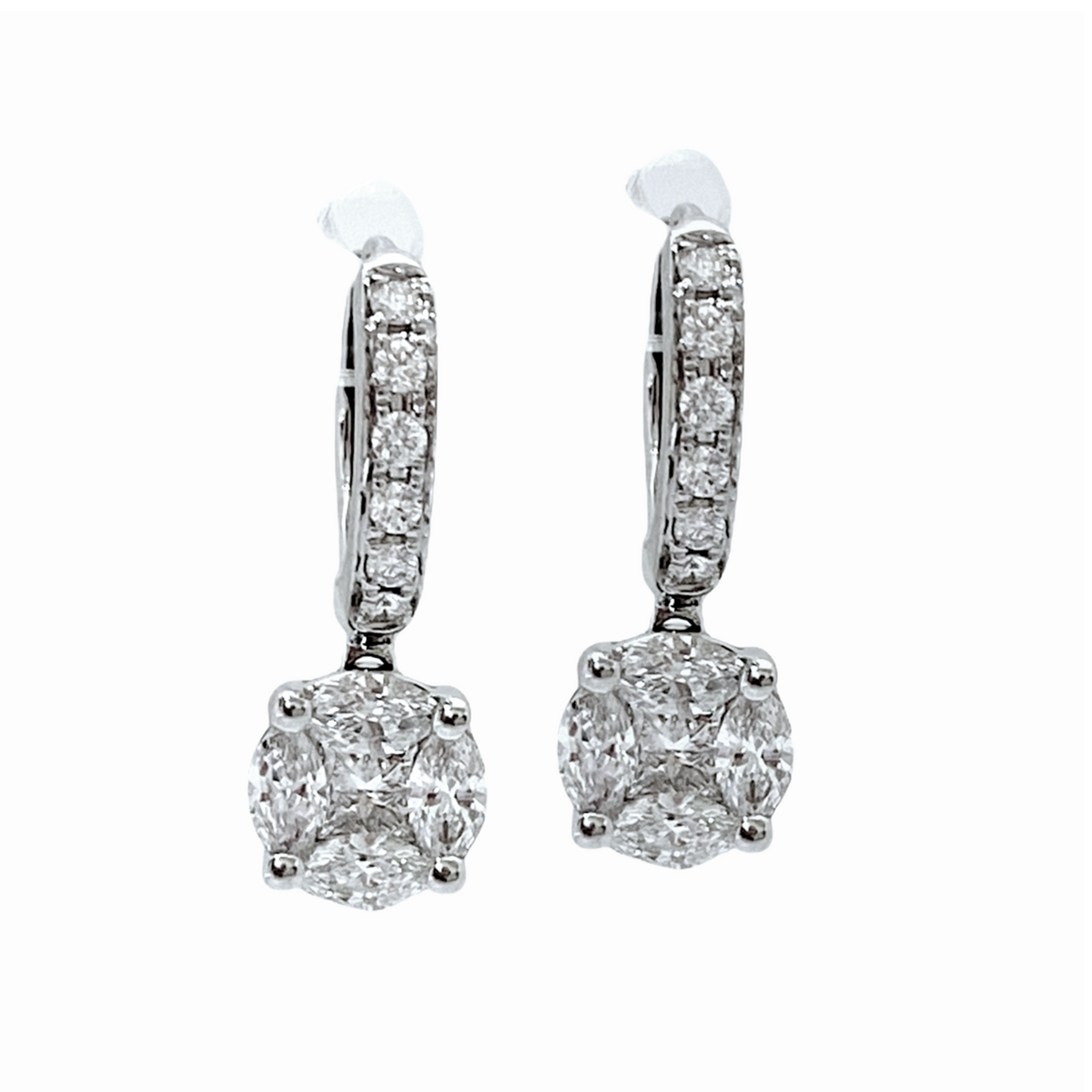 White gold marquise and princess illusion cluster diamond drop earrings