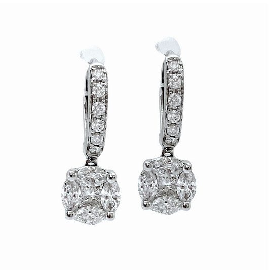 White gold marquise and princess illusion cluster diamond drop earrings