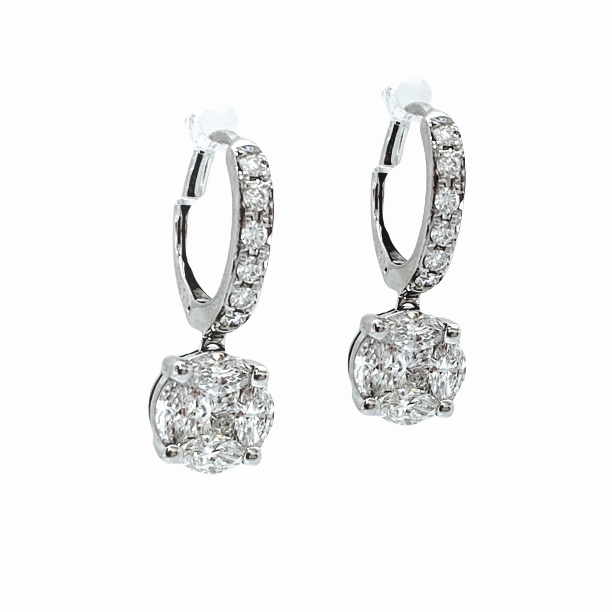 White gold illusion-set diamond cluster drop earrings on pave huggies