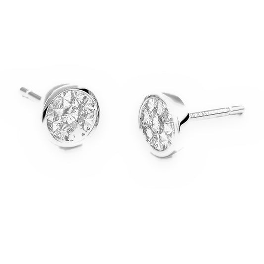 White gold bezel-set round diamond cluster stud earrings front and side