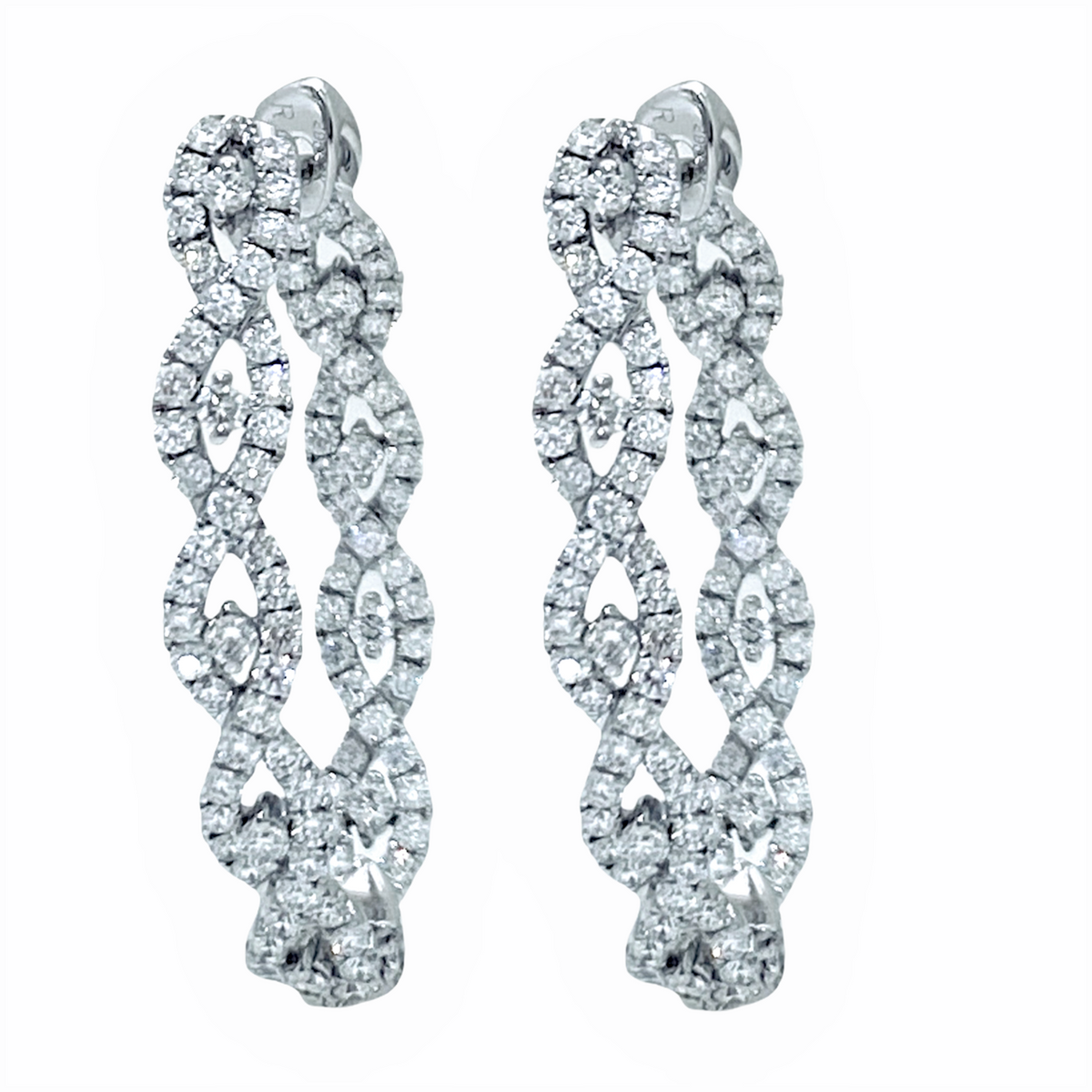 White gold twisted infinity pave diamond hoop earrings