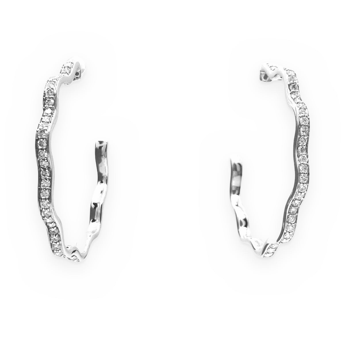White gold scalloped wavy diamond hoop earrings