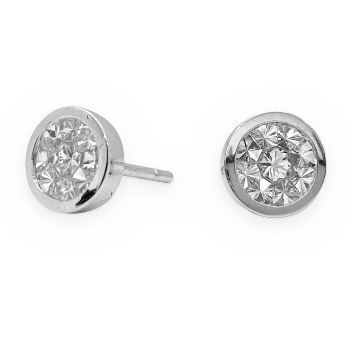 White gold round bezel illusion diamond cluster stud earrings