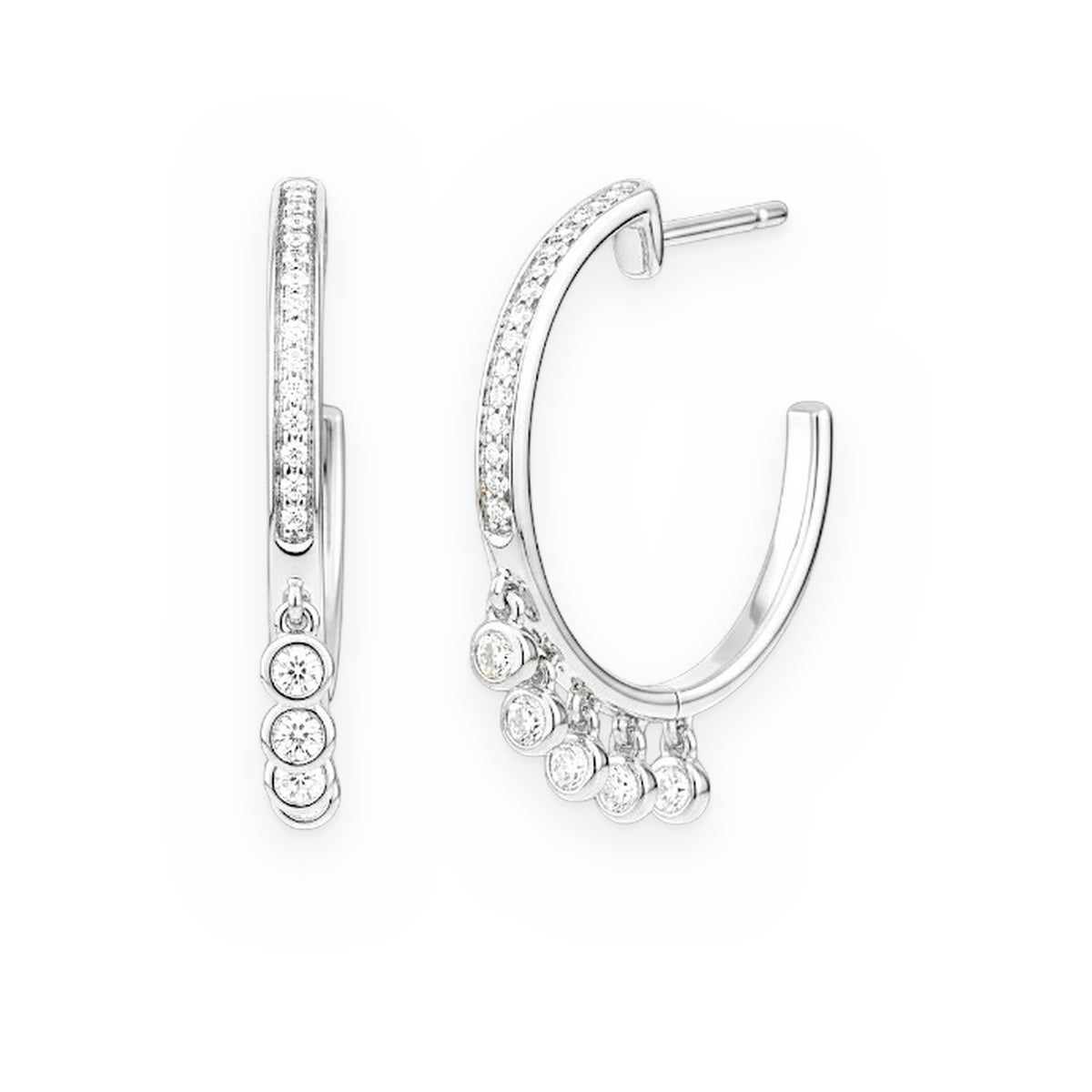 White gold pave diamond J-hoop earrings with dangling bezel diamond stations