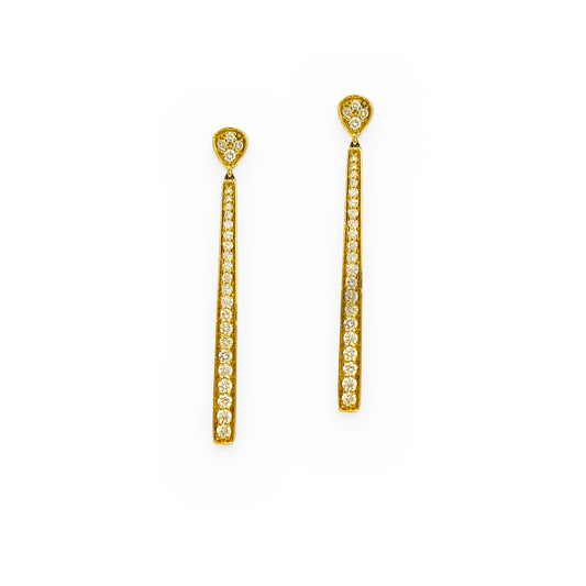 Yellow gold champagne diamond long linear bar drop earrings