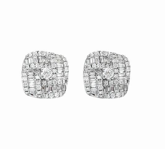 White gold cushion-shaped cluster stud earrings with baguette and round diamonds