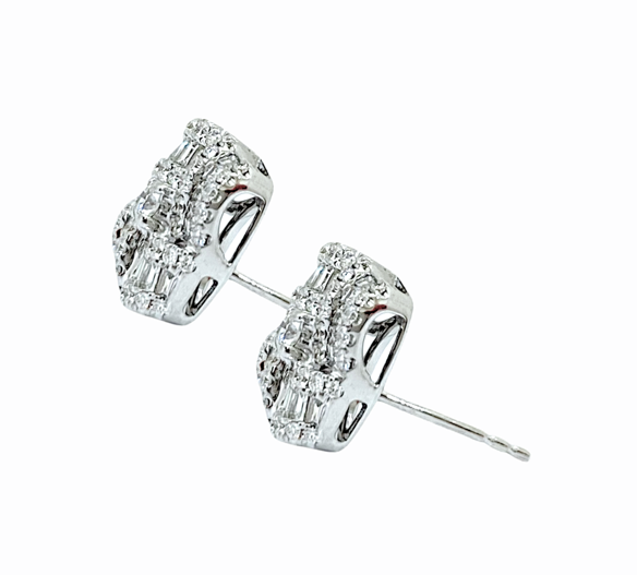 White gold baguette and round diamond cushion cluster stud earrings